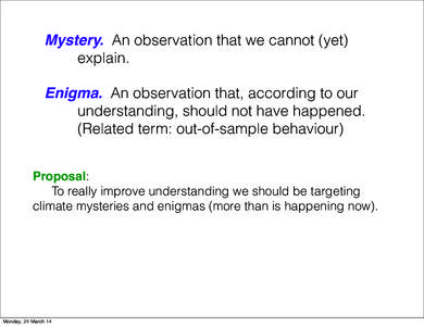 Mystery. An observation that we cannot (yet) explain. Enigma. An observation that, according to our understanding, should not have happened. (Related term: out-of-sample behaviour) Proposal: