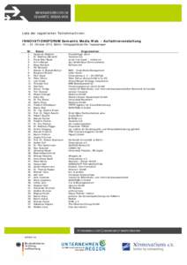 Liste der registrierten TeilnehmerInnen: INNOVATIONSFORUM Semantic Media Web - Auftaktveranstaltung 22. – 23. Oktober 2012, Berlin, Verlagsgebäude Der Tagesspiegel Nr.  1.