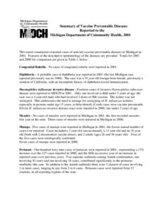 Summary of Vaccine Preventable Diseases Reported to the Michigan Department of Community Health, 2001 This report summarizes reported cases of selected vaccine-preventable diseases in Michigan in[removed]Features of the de