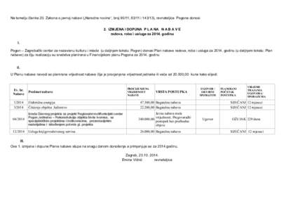Na temelju članka 20. Zakona o javnoj nabavi („Narodne novine“, broj 90/11; 83/11 i), ravnateljica Pogona donosi 2. IZMJENA I DOPUNA P L A NA N A B A V E radova, roba i usluga zagodinu I. Pogon – Zag