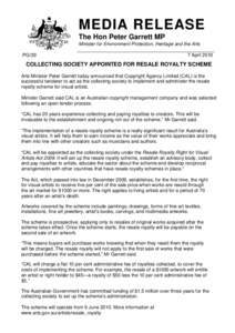 Collecting society appointed for resale royalty scheme - media release 07 April 2010