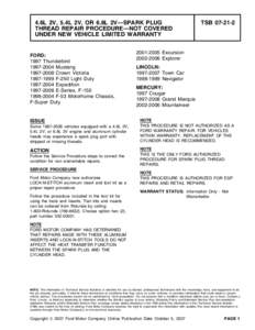 4.6L 2V, 5.4L 2V, OR 6.8L 2V—SPARK PLUG THREAD REPAIR PROCEDURE—NOT COVERED UNDER NEW VEHICLE LIMITED WARRANTY FORD: 1997 Thunderbird