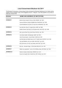 Local Government Electoral Act 2011 The Electoral Commission of Queensland hereby declares the following institutions to be mobile polling booths for the purposes of the Cairns Regional Council - Mayoral / Councillor Ele