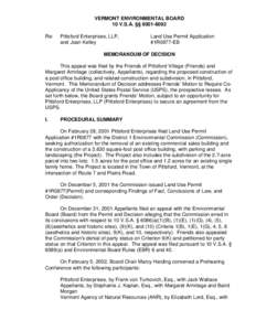 VERMONT ENVIRONMENTAL BOARD 10 V.S.A. §§ [removed]Re: Pittsford Enterprises, LLP, and Joan Kelley