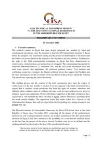 EISA TECHNICAL ASSESSMENT MISSION TO THE 2012 CONSTITUTIONAL REFERENDUM IN THE ARAB REPUBLIC OF EGYPT PRELIMINARY STATEMENT 24 December[removed]Executive summary