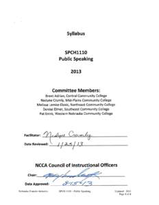 Nebraska Transfer Initiative  SPCH 1110 – Public Speaking Updated: 2013 Page 1 of 4
