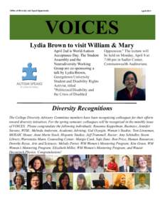 Office of Diversity and Equal Opportunity  April 2013 VOICES Lydia Brown to visit William & Mary