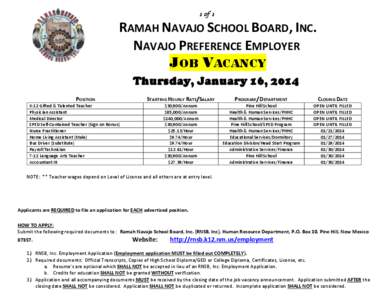 1 of 1  RAMAH NAVAJO SCHOOL BOARD, INC. NAVAJO PREFERENCE EMPLOYER JOB VACANCY Thursday, January 16, 2014