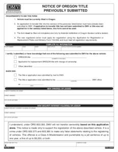 NOTICE OF OREGON TITLE PREVIOUSLY SUBMITTED DMV DEPARTMENT OF TRANSPORTATION DRIVER AND MOTOR VEHICLE SERVICES