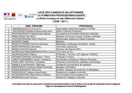 LISTE DES CANDIDATS SELECTIONNES A LA FORMATION PROFESSIONNALISANTE : La filière musique et ses différents métiers1 2