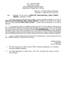 No[removed]PESB Government of India Public Enterprises Selection Board (Department of Personnel & Training) *** Block No. 14, CGO Complex, PE Bhavan