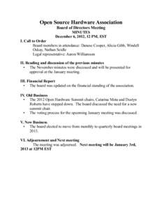 Open Source Hardware Association Board of Directors Meeting MINUTES December 6, 2012, 12 PM, EST I. Call to Order Board members in attendance: Danese Cooper, Alicia Gibb, Windell