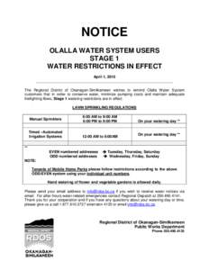 NOTICE OLALLA WATER SYSTEM USERS STAGE 1 WATER RESTRICTIONS IN EFFECT April 1, 2015 _____________________________________________________________________