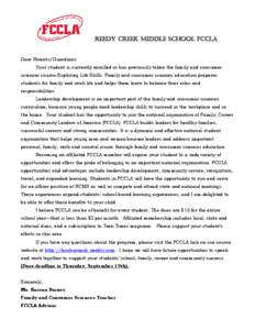 Reedy creek Middle School FCCLA Dear Parents/Guardians: Your student is currently enrolled or has previously taken the family and consumer sciences course-Exploring Life Skills. Family and consumer sciences education pre