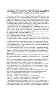 MINUTES OF REGULAR MEETING OF COUNCIL OF THE VILLAGE OF EAST SPARTA, COUNTY OF STARK AND STATE OF OHIO HELD IN THE MUNICIPAL BUILDING ON OCTOBER 23, 2012. The meeting was called to order at 7:00pm. Mayor Stephens led Cou