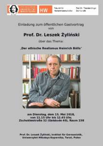 Einladung zum öffentlichen Gastvortrag von Prof. Dr. Leszek Żyliński über das Thema: „Der ethische Realismus Heinrich Bölls“