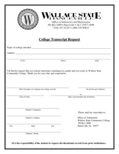 Office of Admissions and Registration PO Box 2000 • Hanceville • AL • [removed][removed] • [removed]WSCC College Transcript Request Name of college attended _______________________________________________