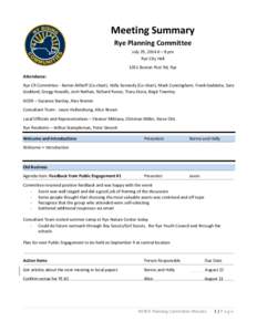 Meeting	
  Summary	
   Rye	
  Planning	
  Committee	
   July	
  29,	
  2014	
  6	
  –	
  8	
  pm	
   Rye	
  City	
  Hall	
   1051	
  Boston	
  Post	
  Rd,	
  Rye	
   Attendance:	
  	
  