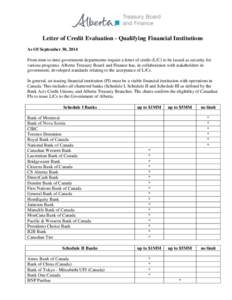 Treasury Board and Finance - Letters of Credit Evaluation - Qualifying Financial Institutions