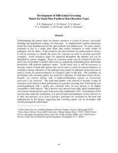 Development of Differential Screening Panels for Slash Pine-Fusiform Rust Reaction Types F. E. Bridgwater1, C. D. Nelson1, T. D. Byram2, T. L. Kubisiak1, C. H. Young3 and R. L. Doudrick4  Abstract