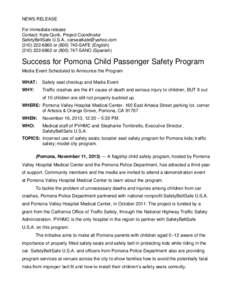 NEWS RELEASE For immediate release Contact: Kate Quirk, Project Coordinator SafetyBeltSafe U.S.A., [removed[removed]or[removed]SAFE (English[removed]or[removed]SANO (Spanish)