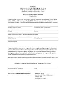 Marin County Golden Bell Award Student Program Selection Form Annual Golden Bell Awards Ceremony May 21, 2015