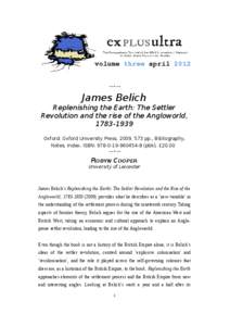 volume three april 2012 —•— James Belich  Replenishing the Earth: The Settler