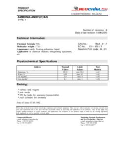 PRODUCT SPECIFICATION 6403 DIMITROVGRAD - BULGARIA AMMONIA ANHYDROUS TYPE 1