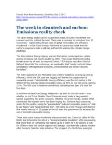Excerpt from RenewEconomy (Australia), May 2, 2012 http://reneweconomy.com.au/2012/the-week-in-cleantech-and-carbon-emissions-realitycheck[removed]The week in cleantech and carbon: Emissions reality check The clean energy 
