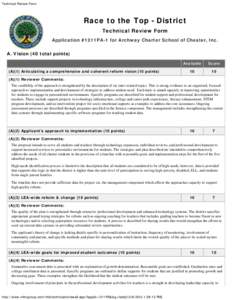 Technical Review Form  Race to the Top - District Technical Review Form Application #1311PA-1 for Archway Charter School of Chester, Inc. A. Vision (40 total points)