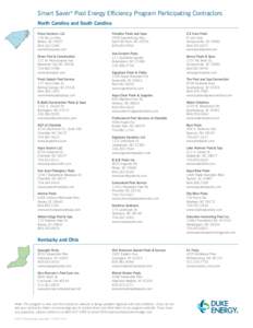 Smart $aver® Pool Energy Efficiency Program Participating Contractors			 North Carolina and South Carolina			 Fulco Services LLC 136 Na Lin Way Belton, SC 29627	[removed]