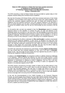 Notes for ICRC statement on States that have been granted extensions on deadlines for implementing Article 5, th 12 Meeting of States Parties to the Mine Ban Convention, Geneva, 5 December 2012 The ICRC would like to tha