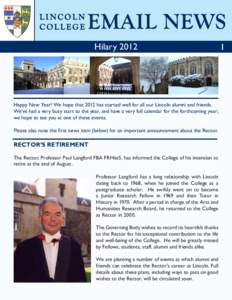 LINCOLN COLLEGE EMAIL NEWS Hilary 2012