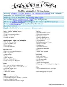 Meal Plan Monday Week #18 Shopping List Monday: Smashed Chickpea, Avocado, and Pesto Salad Sandwich from Two Peas and Their Pod (I doubled this recipe) Tuesday: Cinco de Mayo with my Sizzling Texas Fajitas Wednesday: Pes