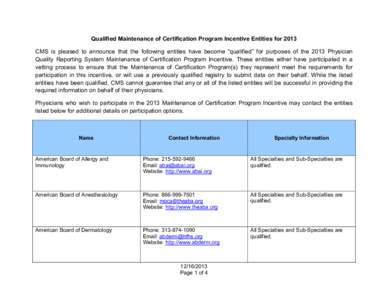 Qualified Maintenance of Certification Program Incentive Entities for 2013