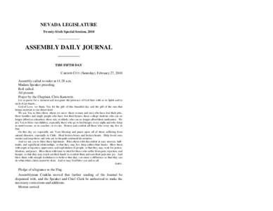 NEVADA LEGISLATURE Twenty-Sixth Special Session, 2010 ASSEMBLY DAILY JOURNAL THE FIFTH DAY CARSON CITY (Saturday), February 27, 2010