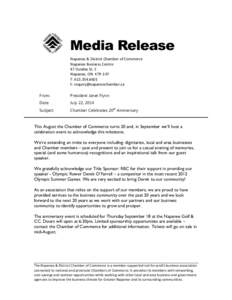 Media Release Napanee & District Chamber of Commerce Napanee Business Centre 47 Dundas St. E Napanee, ON K7R 1H7 T: [removed]