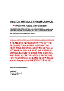 WESTON TURVILLE PARISH COUNCIL  IMPORTANT PUBLIC ANNOUNCEMENT