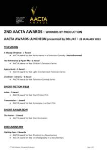 2ND AACTA AWARDS - WINNERS BY PRODUCTION AACTA AWARDS LUNCHEON presented by DELUXE - 28 JANUARY 2013 TELEVISION A Moody Christmas - 1 Award • AACTA Award for Best Performance in a Television Comedy - Patrick Brammall T