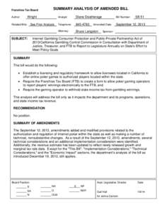 Internet Gambling Consumer Protection and Public-Private Partnership Act of 2013/California Gambling Control Commission in Consultation with Department of Justice, Treasurer, and FTB to Report to Legislature Annually on 