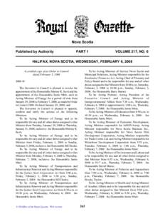 Nova Scotia Published by Authority PART 1  VOLUME 217, NO. 6