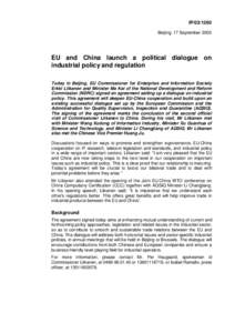 EUROPA - Enterprise - Press Release on EU-China Launching Political Dialogue on Industrial Policy and Regulation