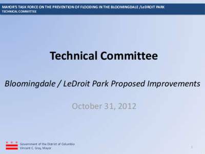 MAYOR’S TASK FORCE ON THE PREVENTION OF FLOODING IN THE BLOOMINGDALE /LeDROIT PARK TECHNICAL COMMITTEE Technical Committee Bloomingdale / LeDroit Park Proposed Improvements October 31, 2012