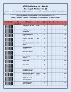 WIMS Tub Packing List – Base Kit Kit: Force & Motion Tote: 01 You have one week to report any missing/damaged items. You will be held responsible for returning all of the materials below. Remarks: _____________________