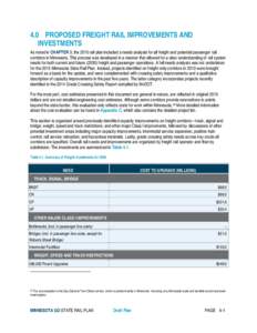 4.0 PROPOSED FREIGHT RAIL IMPROVEMENTS AND INVESTMENTS As noted in CHAPTER 3, the 2010 rail plan included a needs analysis for all freight and potential passenger rail corridors in Minnesota. This process was developed i