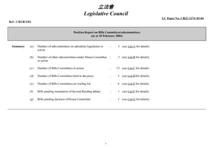 立法會 Legislative Council LC Paper No. CB[removed]Ref : CB2/R/2/03 Position Report on Bills Committees/subcommittees (as at 10 February 2004)
