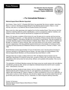 Press Release  The Selective Service System National Headquarters Arlington, Virginia[removed]