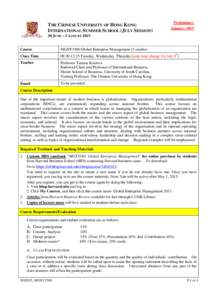 THE CHINESE UNIVERSITY OF HONG KONG INTERNATIONAL SUMMER SCHOOL (JULY SESSION) Preliminary January 2015