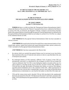 Blanket Order No. 17 Revoked & Replaced January 4, 1995 by Blanket No. 26 IN THE MATTER OF THE SECURITIES ACT, R.S.N. 1990, CHAPTER S-13, AS AMENDED (the 