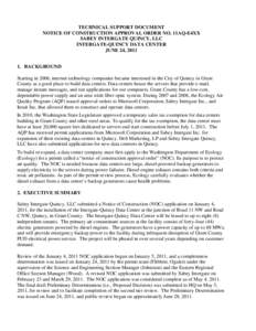 TECHNICAL SUPPORT DOCUMENT NOTICE OF CONSTRUCTION APPROVAL ORDER NO. 11AQ-E4XX SABEY INTERGATE QUINCY, LLC INTERGATE-QUINCY DATA CENTER JUNE 24, [removed]BACKGROUND